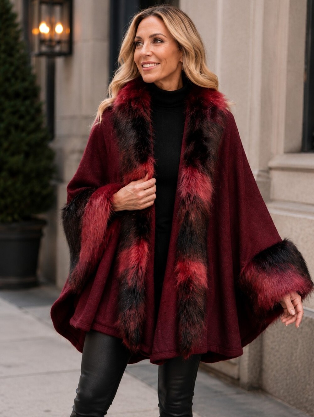 VENUS Burgundy Faux Fur Trim Cape Poncho One Size